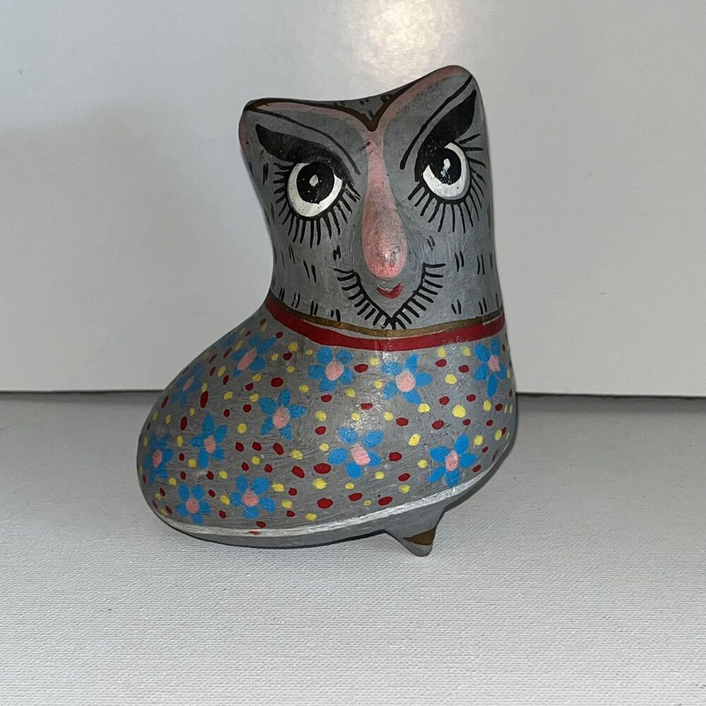 Vintage Mexico Tonala Pottery Bird Owl Figurine Hand Painted and Signed